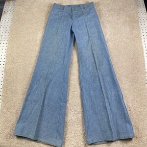 Vintage 70s High Waisted Flare Leg Chambray Denim Trousers Blue Boho Wide Leg